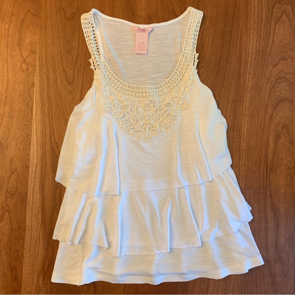 Candie's Sleeveless Tiered Blouse with Crochet Lace Detail - Large (14)